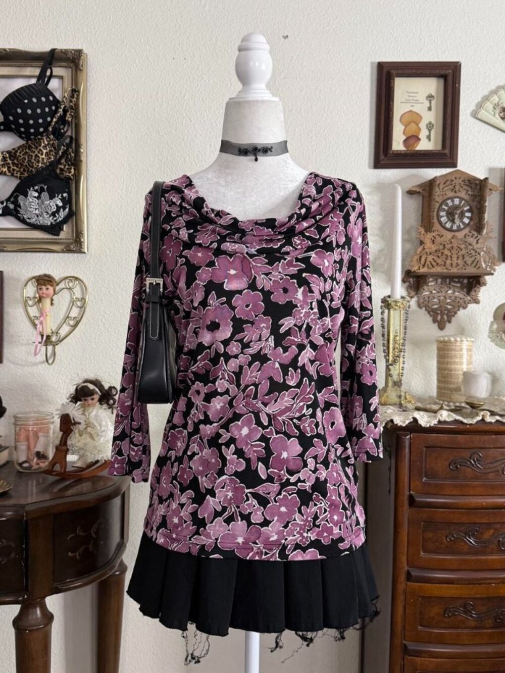 Y2k whimsigoth purple and black 3/4 sleeve floral cowl neck slinky style top